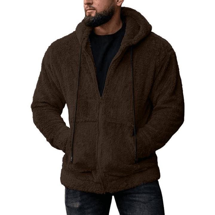 Men'S Solid Color Plush Cardigan Hooded Jacket - MRSLM