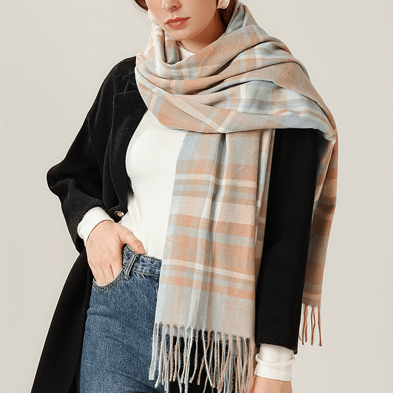 plaid imitation cashmere scarf with tassels, view 8 - MRSLM