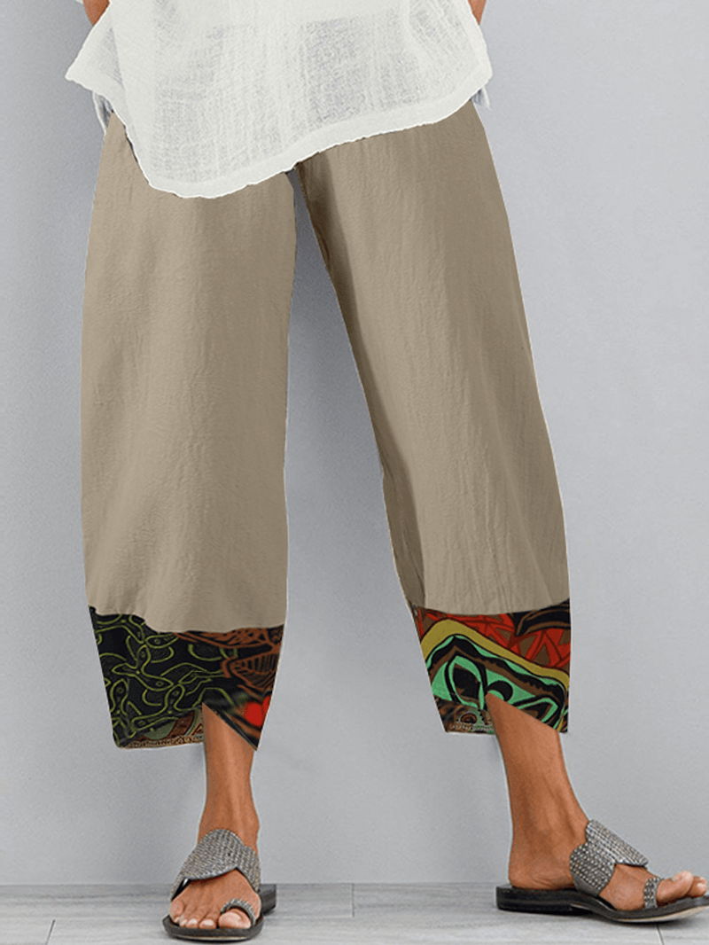 Ethnic Print Patchwork Elastic Waist Side Pocket Irregular Hem Pants for Women - MRSLM