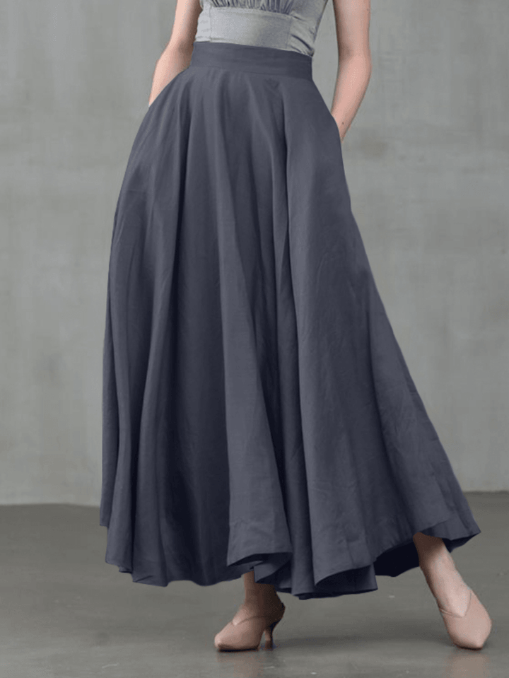 Women Solid Color Back Zip Pleated Casual Swing Skirts with Pocket - MRSLM