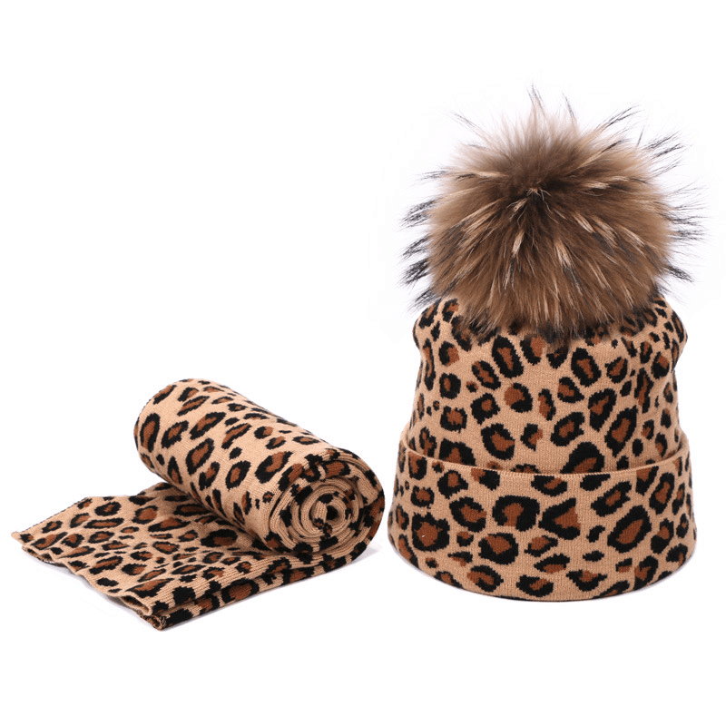 Leopard Spotted Knitted Woolen Hat and Scarf Set
