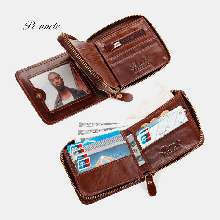 Men Genuine Leather Retro RFID Blocking Zipper Coin Bag Card Holder Wallet - MRSLM