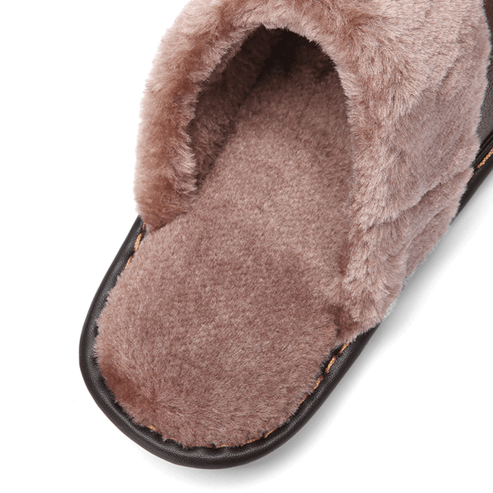 Men First Layer Cowhide Non-Slip Warmeh round Toe Slip-On Comfy Cotton Slippers - MRSLM
