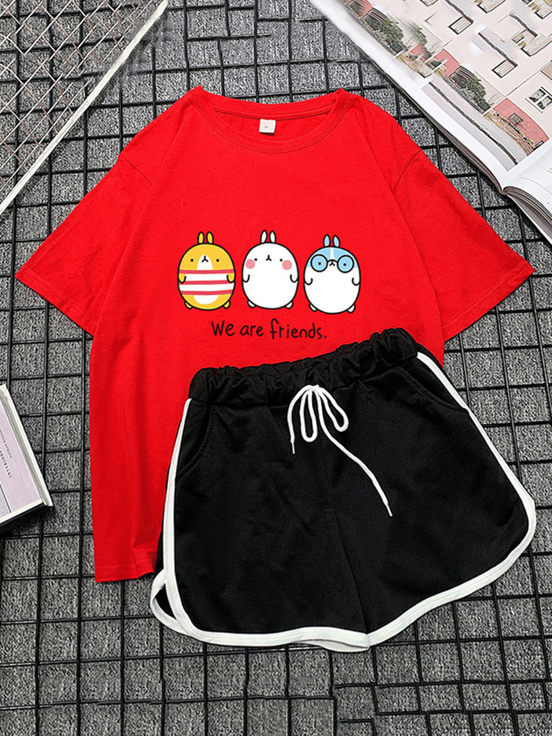 Women Cartoon Print Cute Pajamas Short Set Two Piece Sleepwear with Sports Shorts - MRSLM