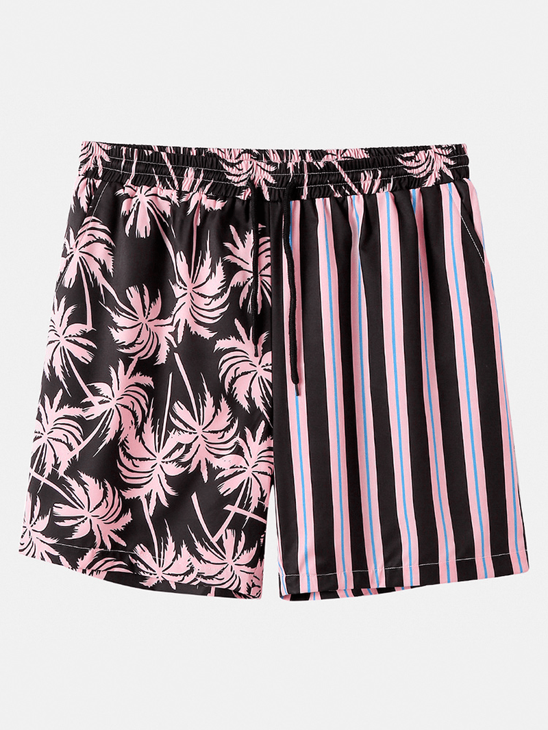 Men Coconut Tree Colorful Stripe Mixed Print Casual Shorts - MRSLM