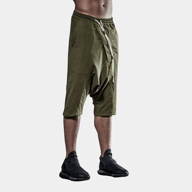 Men's Army Green Cotton Shorts Drop Crotch Pants