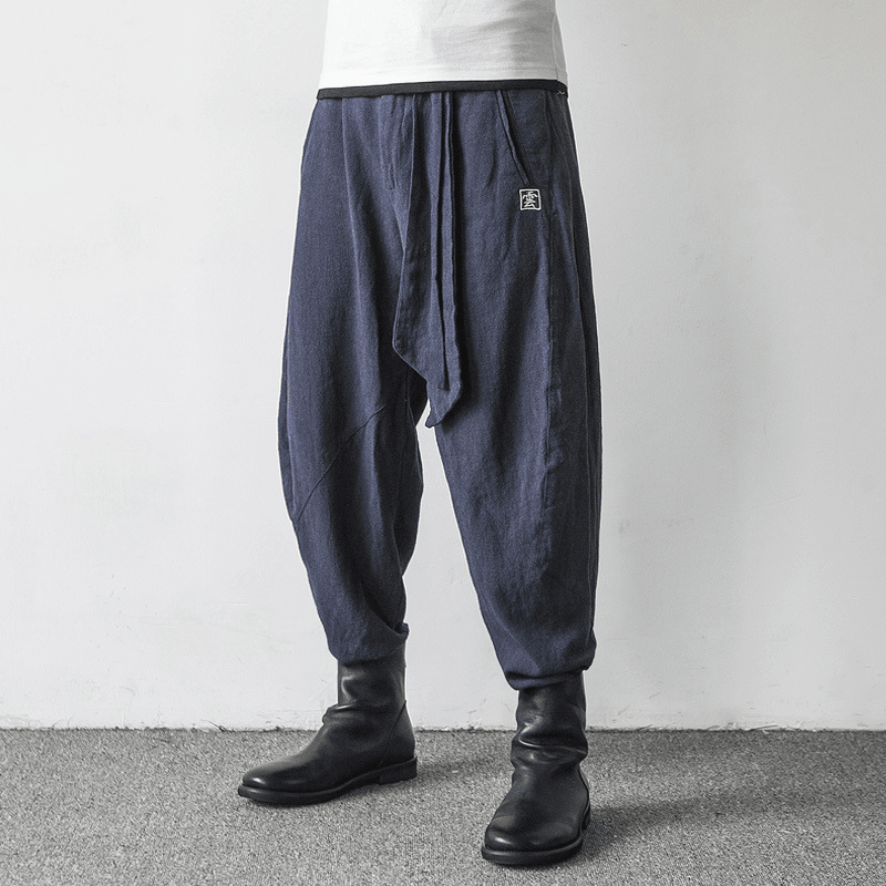 Cotton and Linen Harlan Embroidered Lantern Trousers for Men with Wide Legs