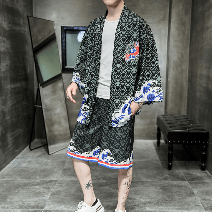 Men'S New Style Men'S Fashion Trend Chinese Style Yunxiao Red Carp Waves Kimono Cardigan Cloak Men - MRSLM