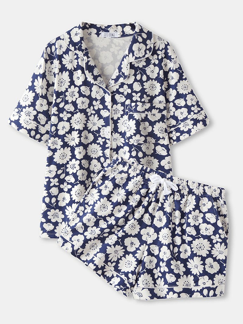 Plus Size Women Daisy Floral Print Revere Collar Chest Pocket Short Sleeve Home Pajama Set - MRSLM