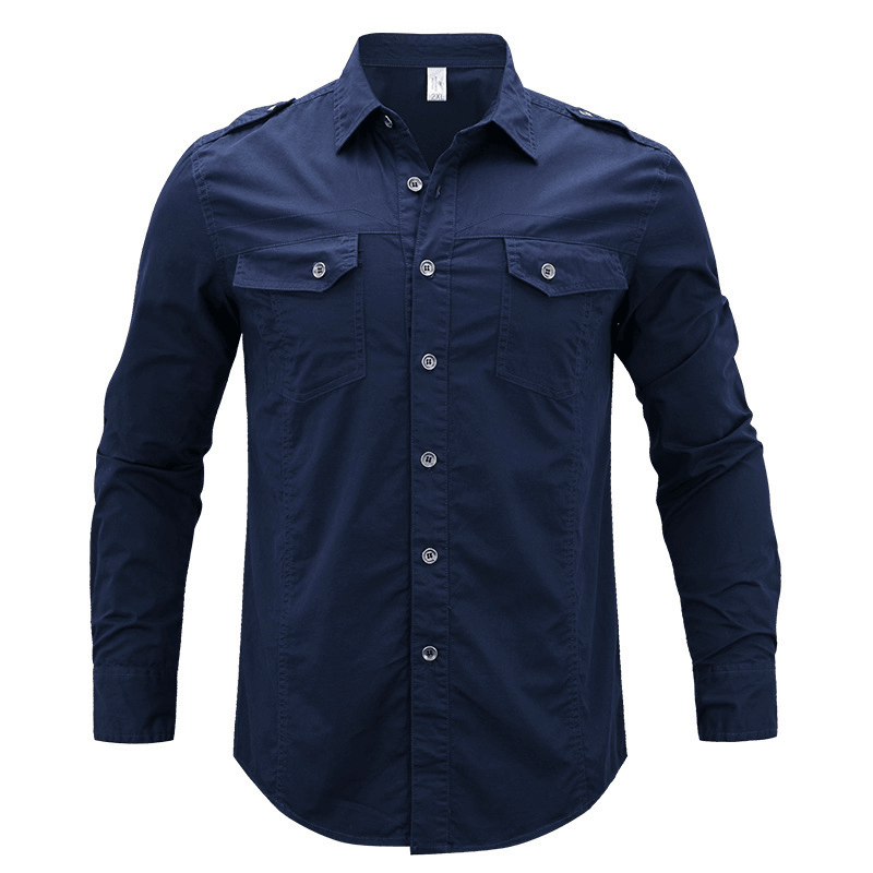Men'S Military Long Sleeve Dress Shirt with Epaulets - MRSLM