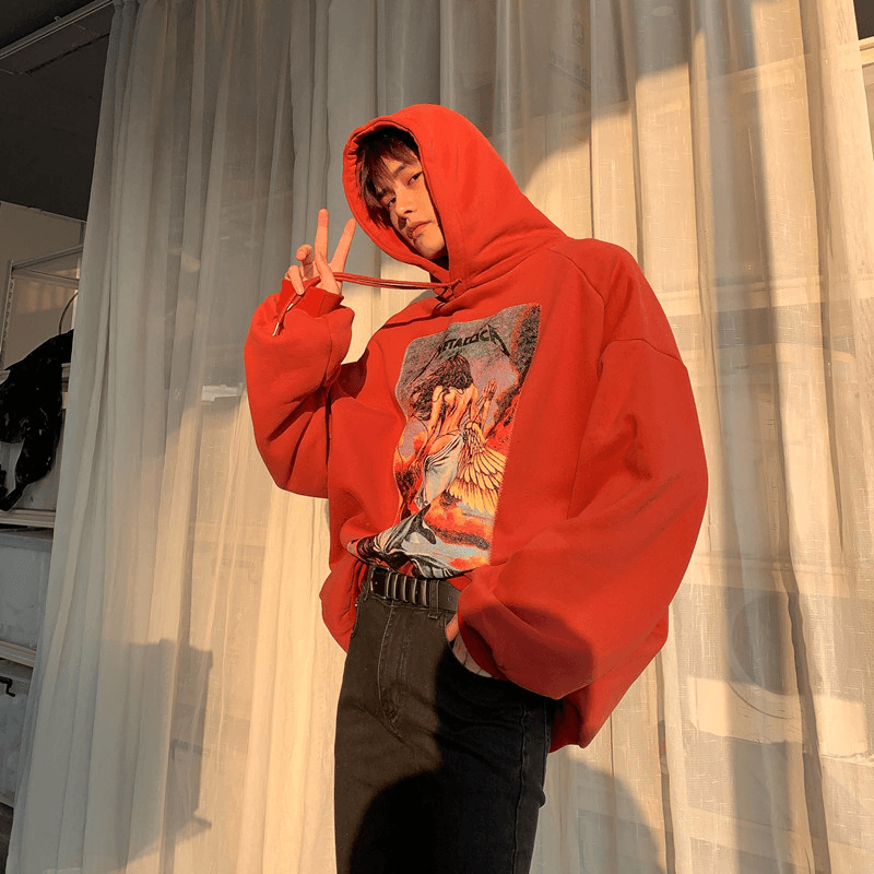 Hooded Hoodie Men'S Loose Plush Jet Offset Print Pullover Hoodie - MRSLM