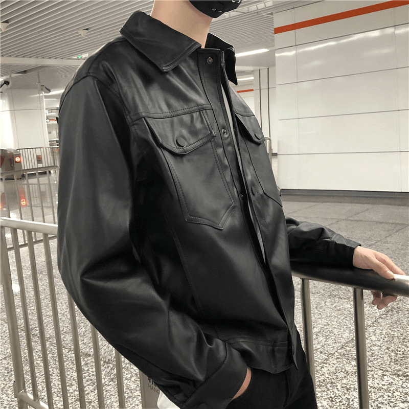 Men's loose PU leather workwear jacket, view 4 - MRSLM