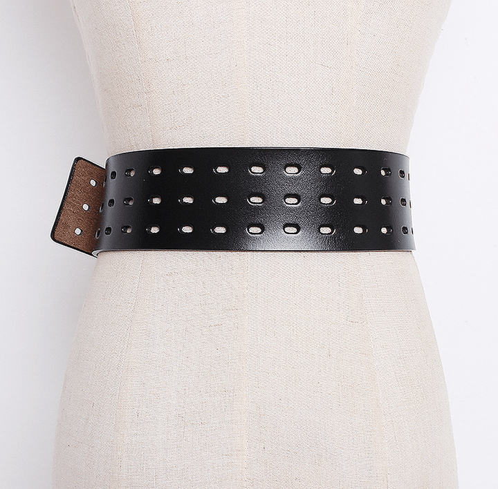 Women'S Solid Color Metal Leather Wide Belt - MRSLM