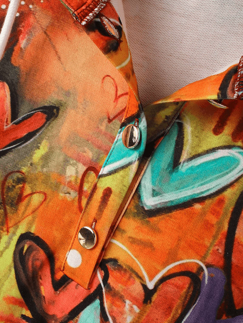 Women Colorful Graffiti Heart Print Long Sleeve Drawstring Hoodie with Kangaroo Pocket - MRSLM