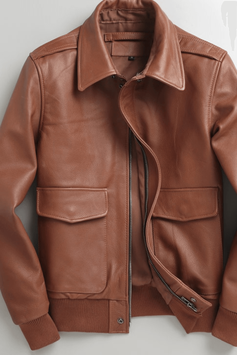 Men's short slim-fit cowhide leather jacket, view 2 - MRSLM