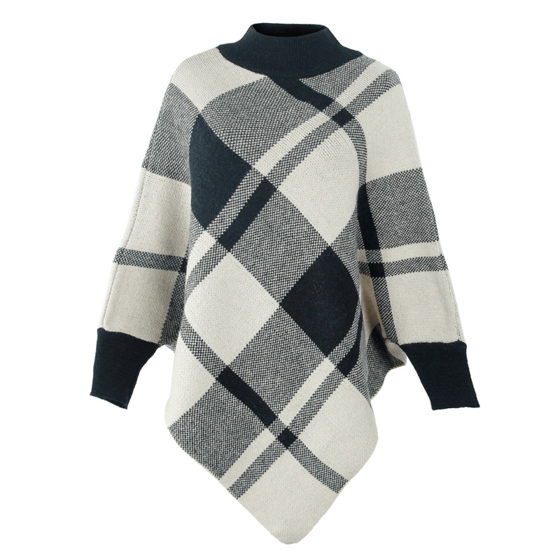 Color Block Check Cape Bat Sleeve Pullover Knit Shawl - MRSLM