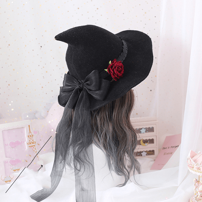 Lolita Halloween Retro Witch Hat Masquerade Rose Big Bow Wizard Hat Gothic Magical Girl Hat Cosplay Accessories Party Decor - MRSLM