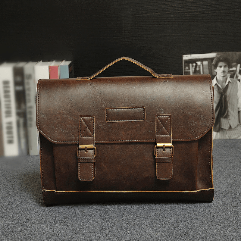 Men PU Leather Multi-Pocket Handbag Business Bag Laptop Bag Shoulder Bag - MRSLM