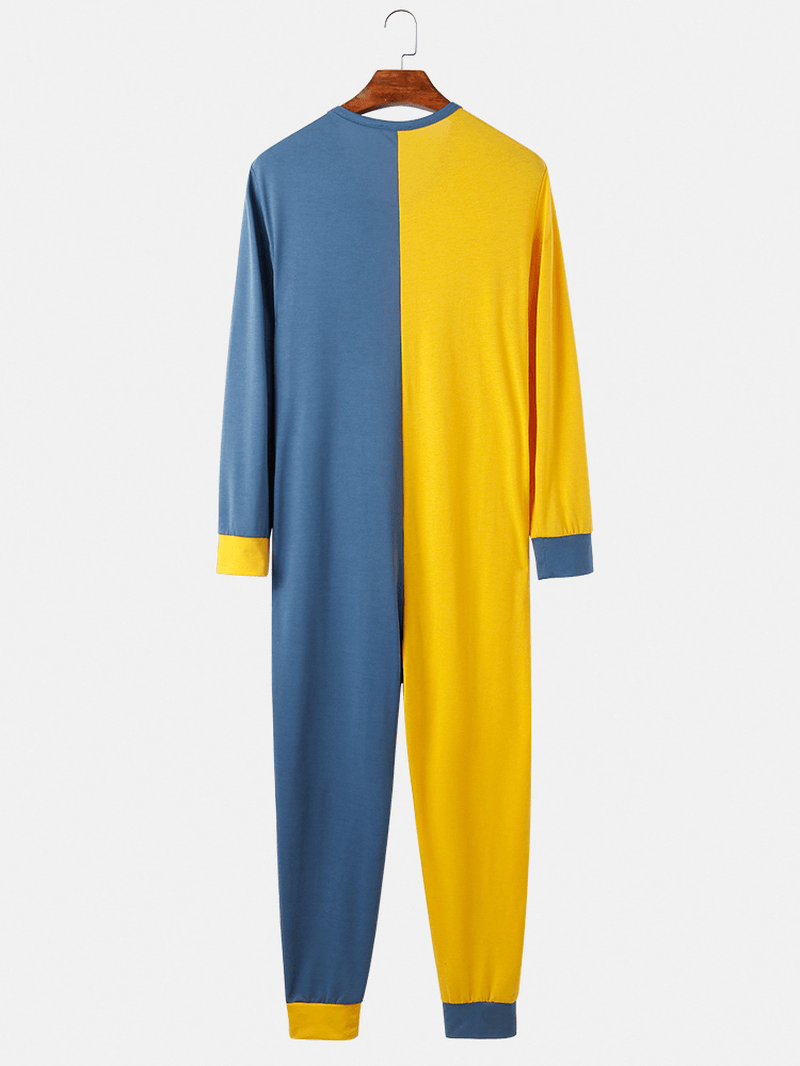 Mens Contrast Color Patchwork Button up round Neck Jumpsuit Home Comfy Lounge One-Piece Pajamas - MRSLM