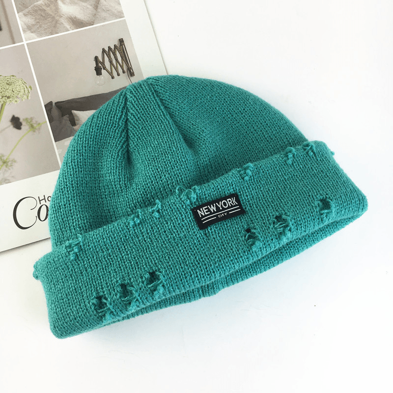 acrylic knit hat with patch, view 3 - MRSLM