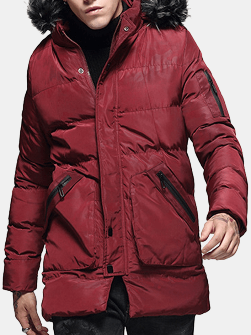 Mens Winter Mid-Long Thick Warm Coat Faux Fur Hooded Parka - MRSLM