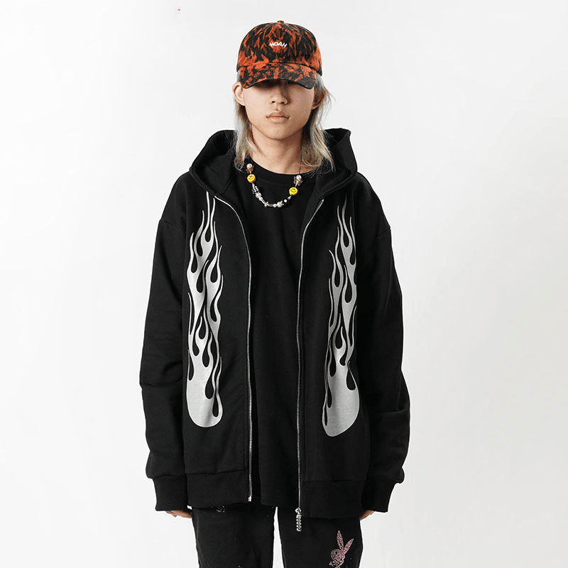 Dark Rock Reflective Flame Print Hoodie Men's Sports Cardigan