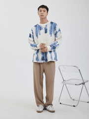 Blue Graffiti Watercolor Jacquard Casual Knit Loose Sweater - MRSLM