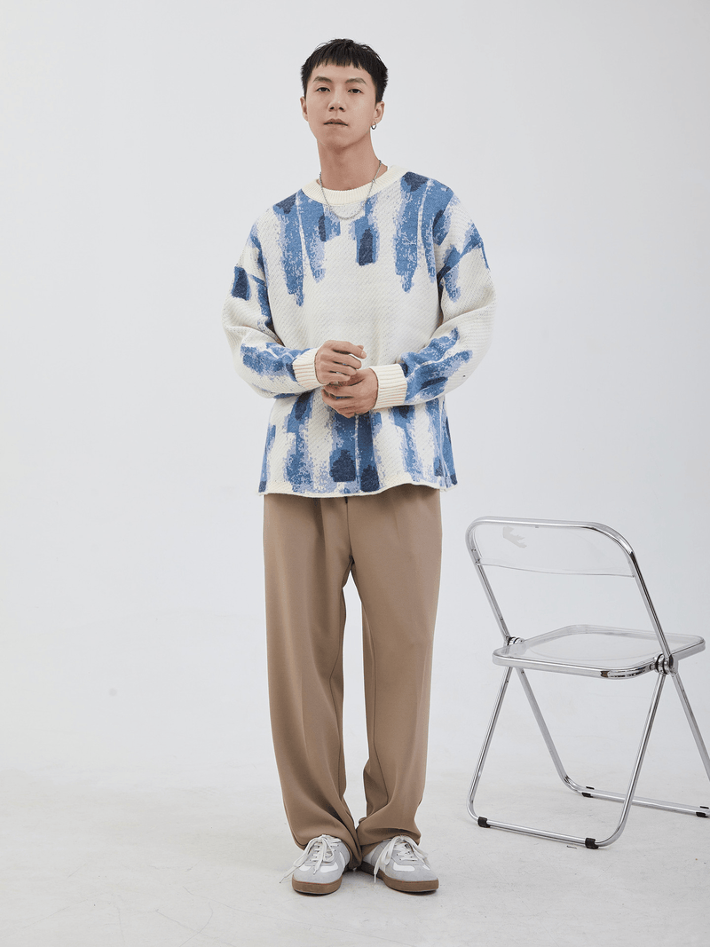 Blue Graffiti Watercolor Jacquard Casual Knit Loose Sweater - MRSLM
