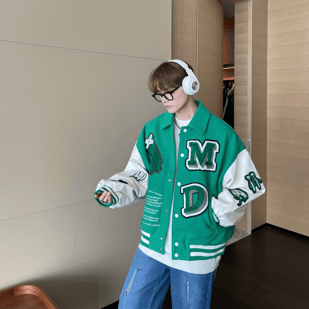 Contrasting Design Letter Embroidery Woolen Jacket Men - MRSLM