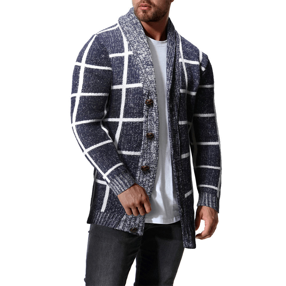 Men'S Winter Color Matching Plaid Cardigan Sweater - MRSLM