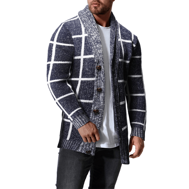 Men'S Winter Color Matching Plaid Cardigan Sweater - MRSLM