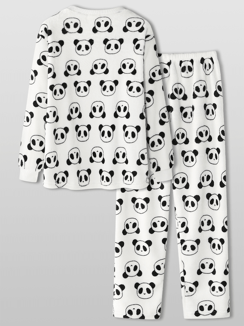 Women All over Cartoon Panda Long Sleeve Plush Warm Home Pajama Set - MRSLM