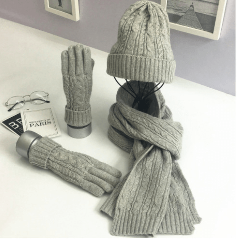 solid color hat scarf glove set, view 6 - MRSLM