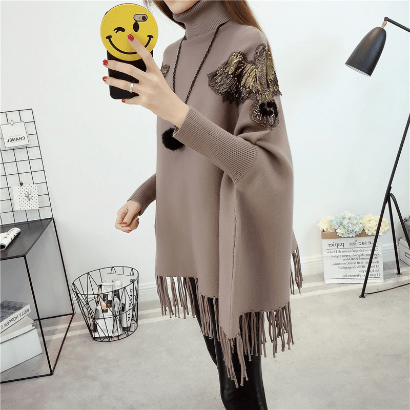 Bat sleeve fringed cloak shawl, view 4 - MRSLM
