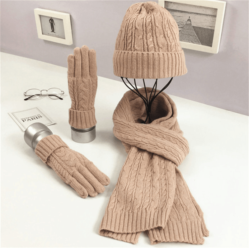 solid color hat scarf glove set, view 2 - MRSLM