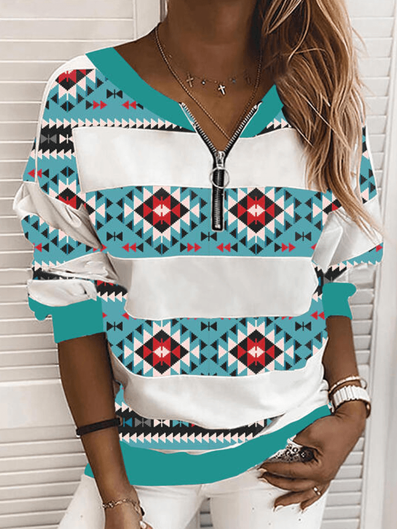 Women Geometry Print Half Zipper Front Pullover Ethnic Style Sweatshirt - MRSLM
