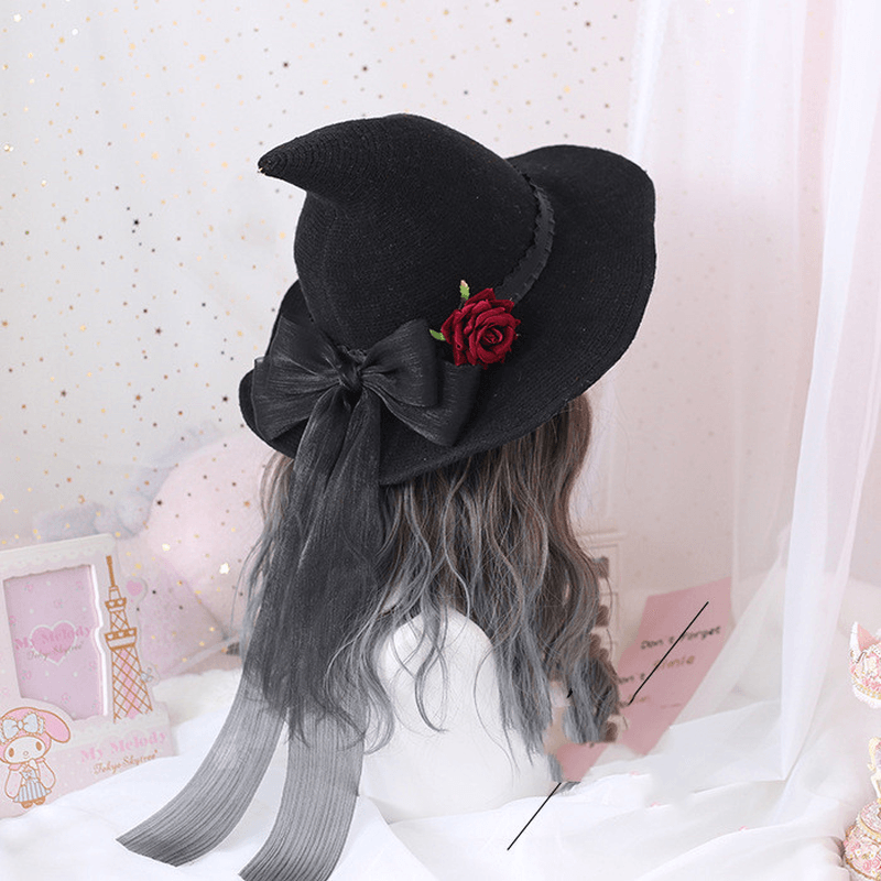 Lolita Halloween Retro Witch Hat Masquerade Rose Big Bow Wizard Hat Gothic Magical Girl Hat Cosplay Accessories Party Decor - MRSLM