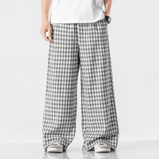 Summer plus Size Chinese Style Cotton and Linen Plaid Baggy Pants - MRSLM
