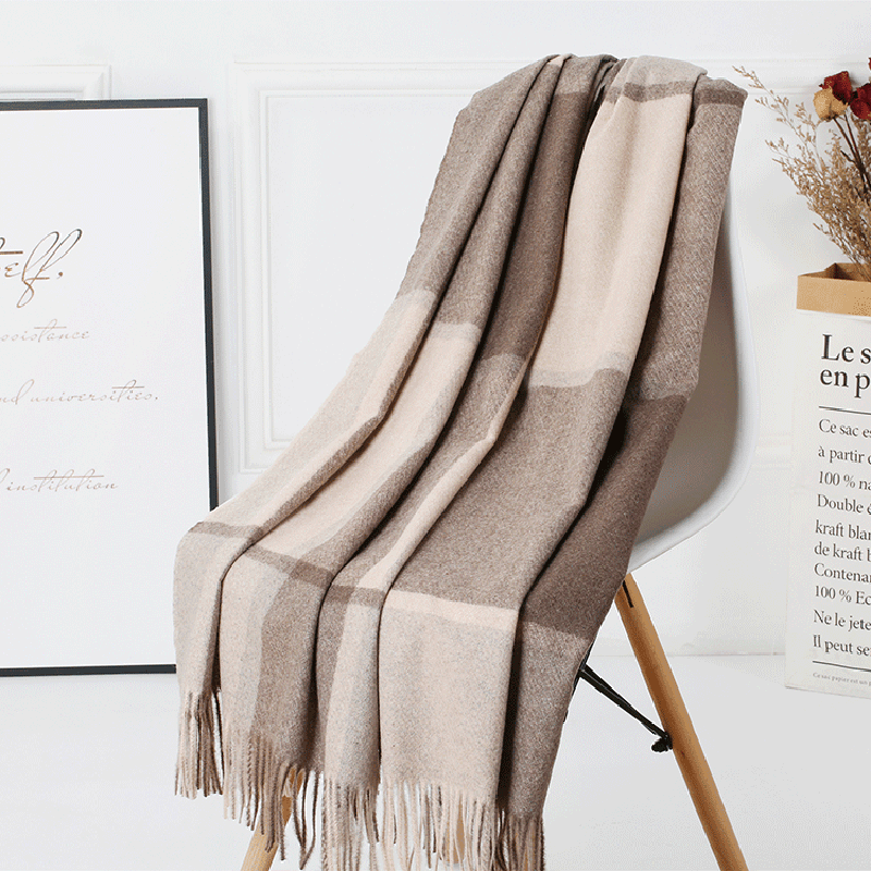 women's plaid wool tassel scarf, view 7 - MRSLM