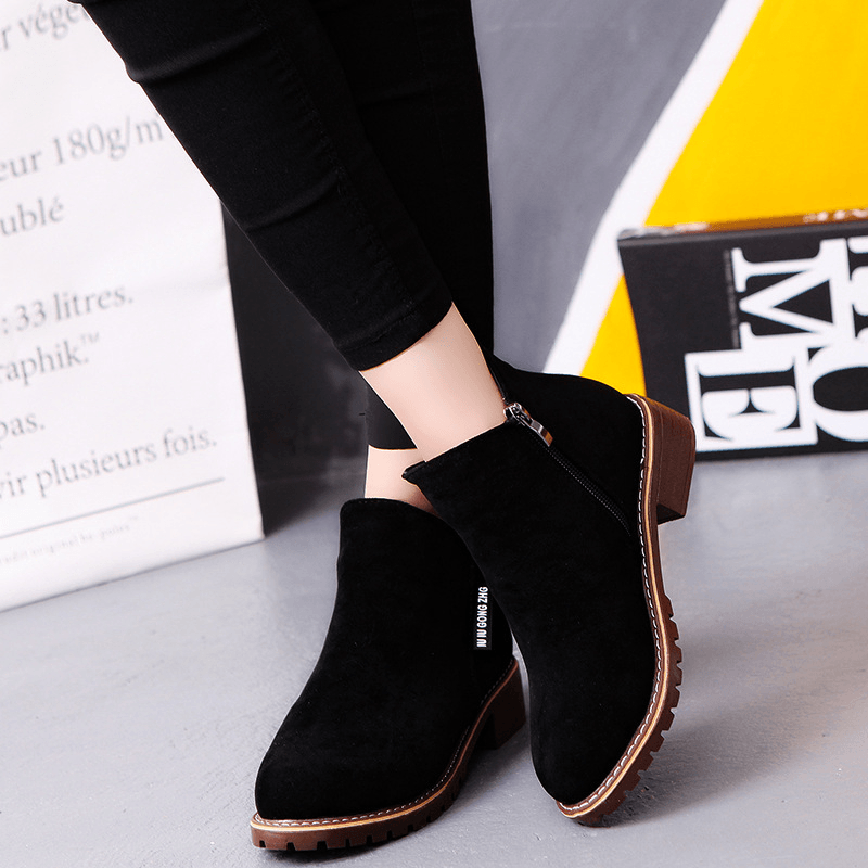 Women'S Suede Solid Color Block Heel Casual Ankle Boots - MRSLM