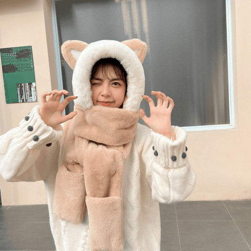 Cat Scarf Hat Gloves One Faux Rabbit Fur Cute Ear Protection - MRSLM