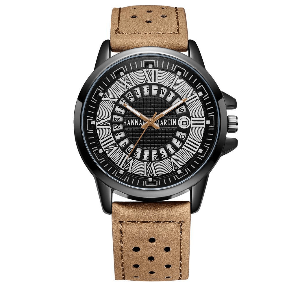 Fashion Casual Roman Numerals Creative Dial Date Display Leather Strap Men Quartz Watch - MRSLM