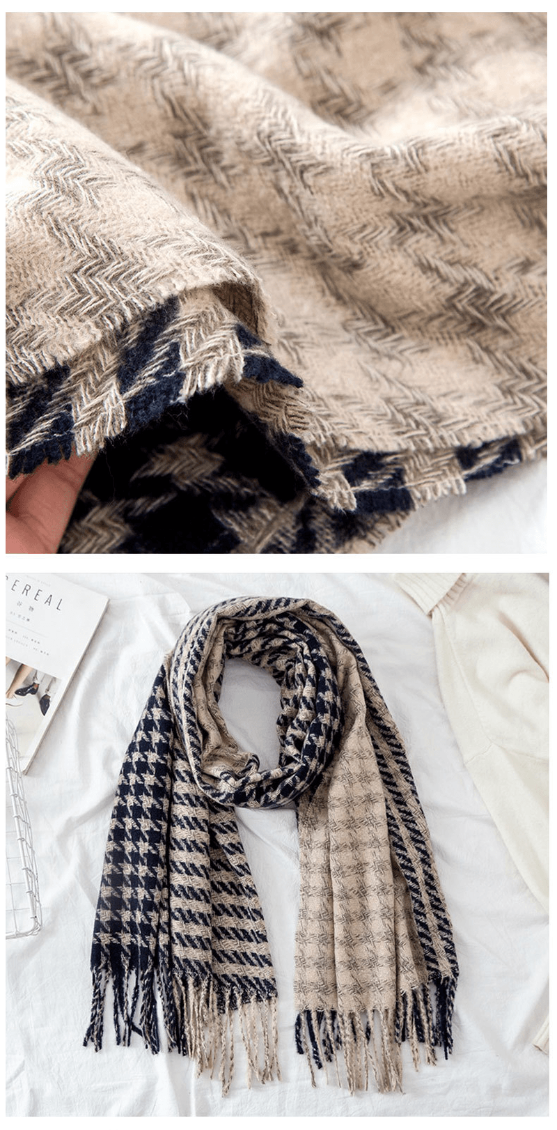 houndstooth imitation cashmere scarf with tassels, view 6 - MRSLM