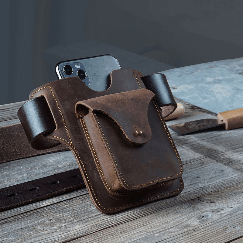 Ipree® Men'S Belt Bag Portable Sports Running Mobile Phone Storage Bag Genuine EDC Leather Bag Ultra-Thin Camping Tactics Pack - MRSLM