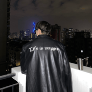 Embroidered retro PU leather suit jacket, view 3 - MRSLM