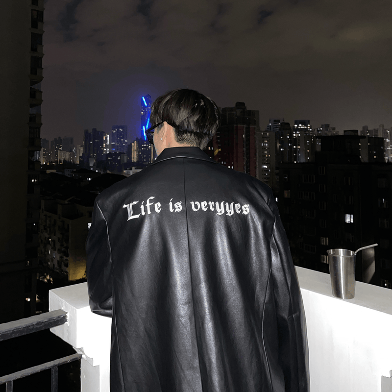 Embroidered retro PU leather suit jacket, view 3 - MRSLM