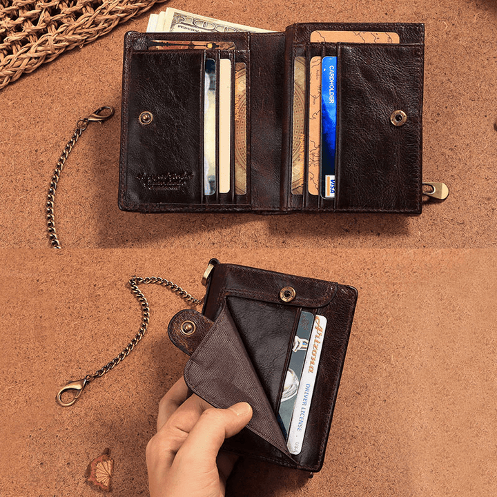 Men Genuine Leather RFID Anti-Theft Zipper Multi-Slot Card Holder Wallet with Chain - MRSLM