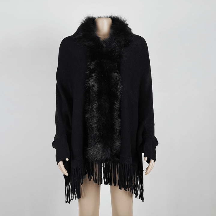 Autumn and Winter Fringed Cloak Shawl Fur Collar Solid Color Cardigan - MRSLM