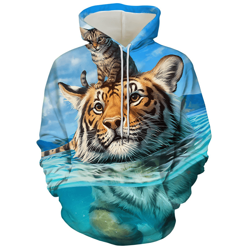 Men'S Tiger Series 3D Printing Hooded Loose Sweater - MRSLM