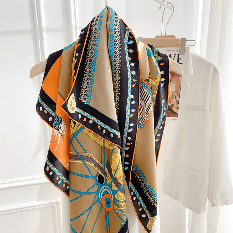 classic orange print large square silk scarf, view 6 - MRSLM